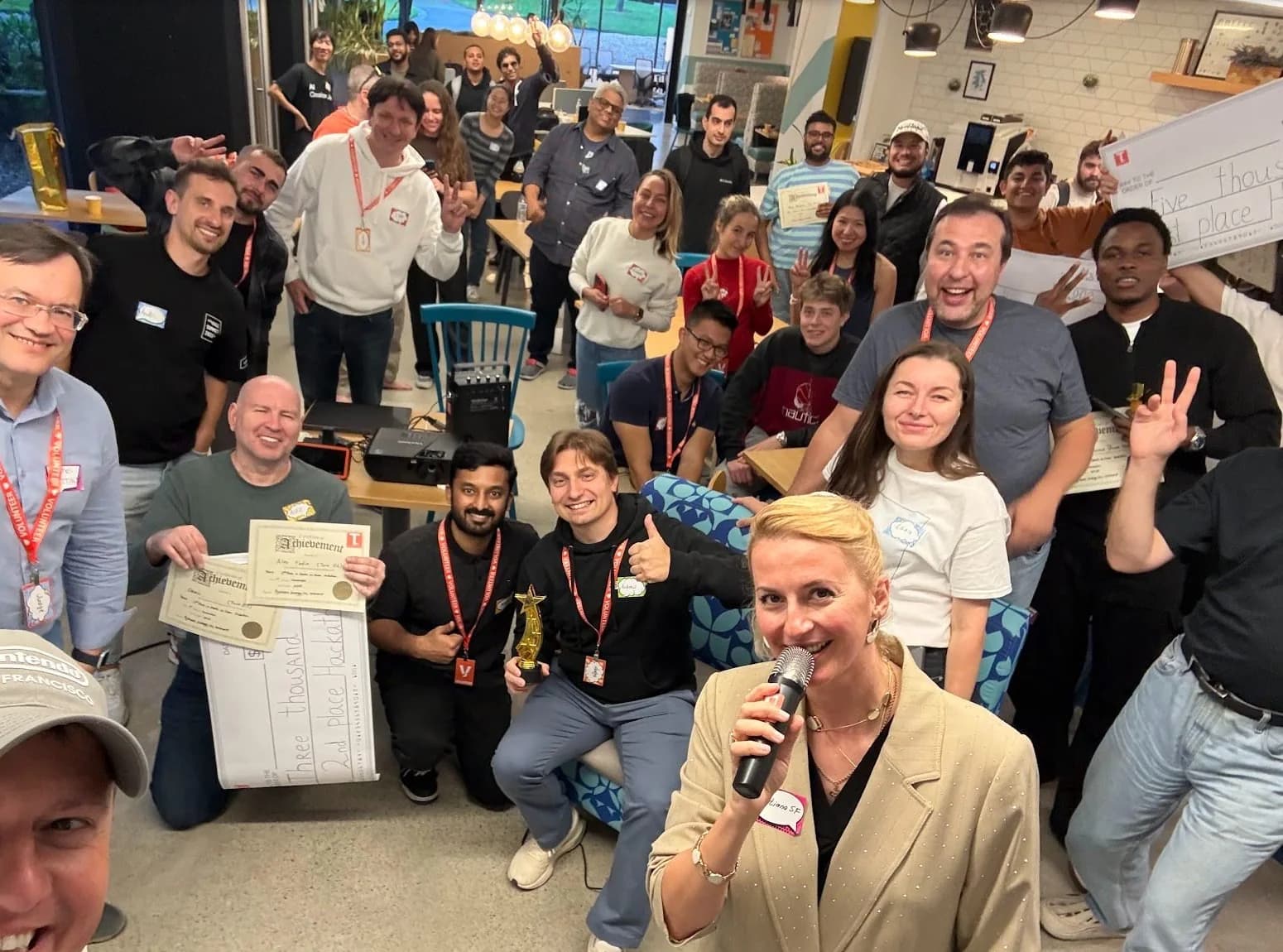 HackathonSF participants celebrating together after a San Francisco event