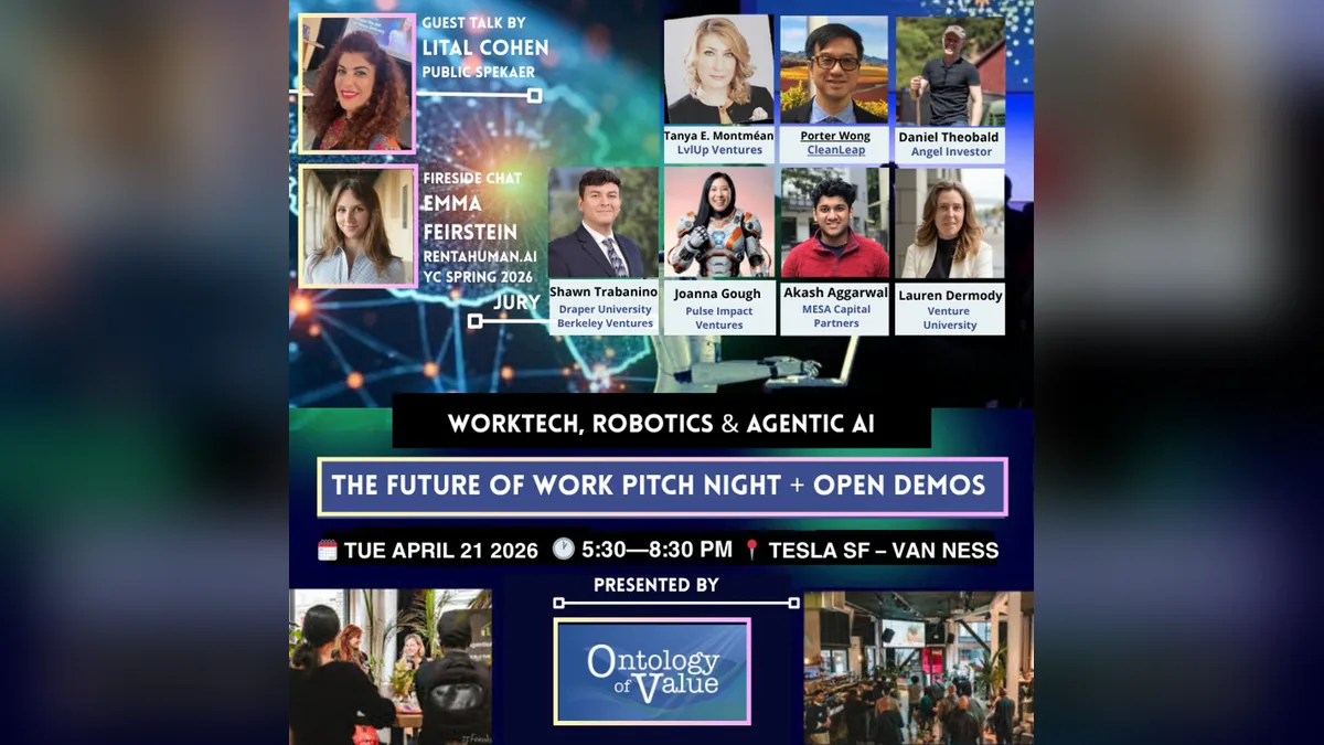 Future of Work pitch night cover with speakers, jury members, and event details