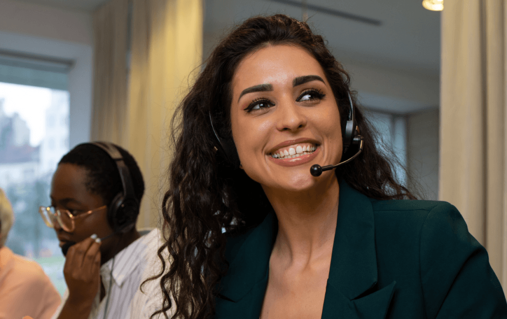 Professional speaking with a customer through a headset